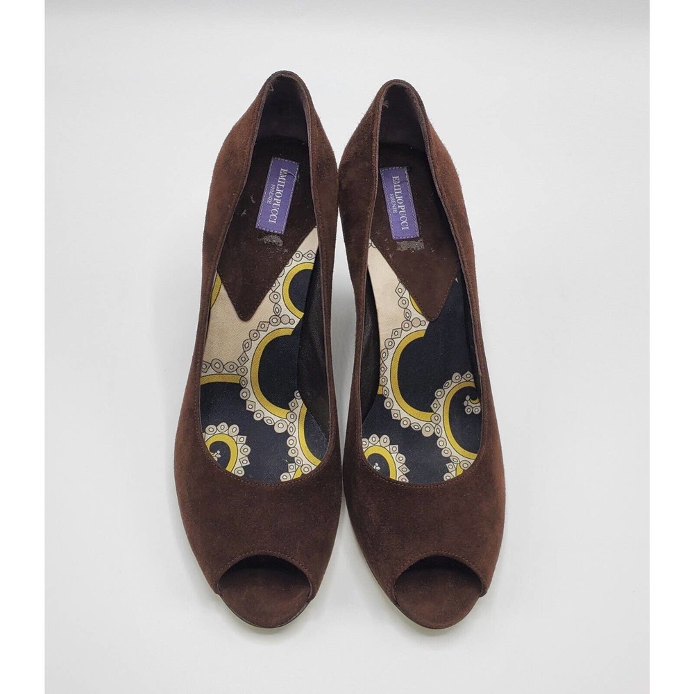 Emilio Pucci Chocolate Womens' Suede Peep Toe Wedges Sz 39.5 EU / 9 US Pre-owned